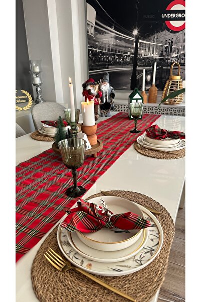 Decamor home Runner ve Peçete Set Yeni Yıl Temalı Ekose Desen Pamuklu Uzun Runner