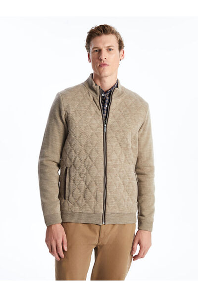 LC Waikiki Beige Standard Fit Mock Neck Men's Knitwear Coat