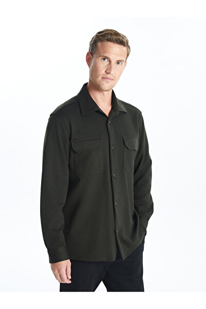 LC Waikiki LCWAIKIKI - Κλασικό ανδρικό πουκάμισο χακί, μακρυμάνικο, διαμπλωμένο, κανονική εφαρμογή