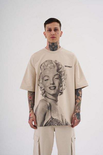 Machinist Ανδρικό μπλουζάκι Marilyn Monrou με στάμπα oversize απαλό μπεζ