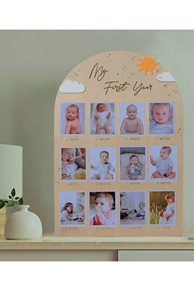AŞKTOPLARIM My First Year Cloud Sun Themed Wooden Baby Memory Keepsake Album
