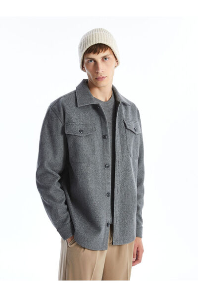 LC Waikiki Γκρι ανδρικό πουκάμισο με μακρυμάνικο κασετίνα σε κανονική εφαρμογή