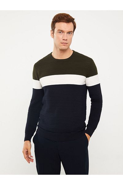 LC Waikiki Men's Knitwear Sweater - Crew Neck, Long Sleeve, Color Block