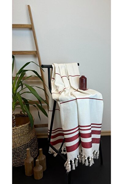NOİSY TEKSTİL Ecru - Burgundy Striped 100% Cotton Beach Sea Towel & Peshtemal 190X90 cm