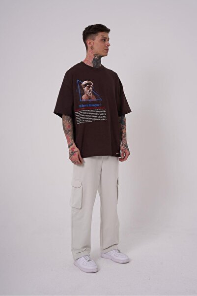 Machinist Ανδρικό μπλουζάκι Premium Pythagoras Printed Oversize καφέ