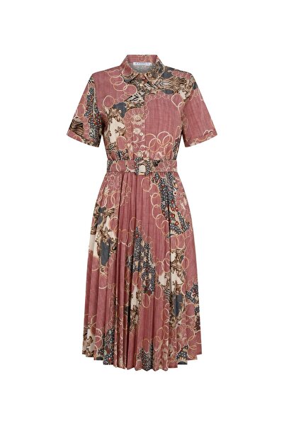 FARREN فستان متوسط ​​الطول منقوش باللون الوردي – ياقة قميص، حزام، تصميم صيفي |   خط فرن