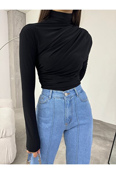 BİKELİFE Women's Black Drawstring Detailed Stand Collar Sandy Blouse