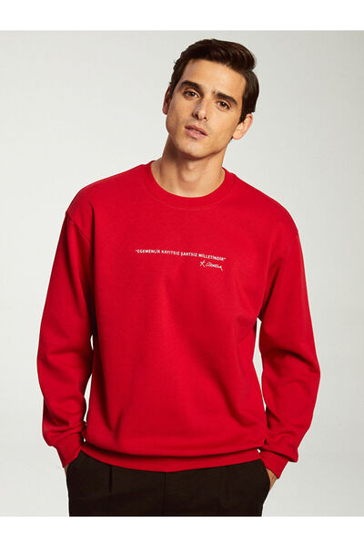 LC Waikiki Xside Red Crew Neck Long Sleeve Ataturk Signature Printed Men's Sw...