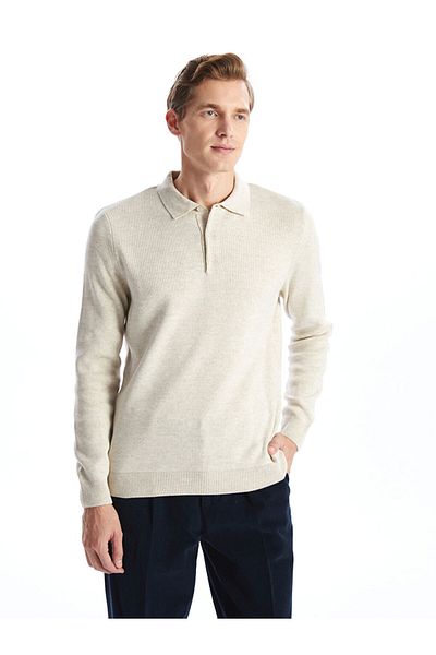 LC Waikiki Lcwaikiki Classic Beige Polo Collar Long Sleeve Men's Knitwear Sweater