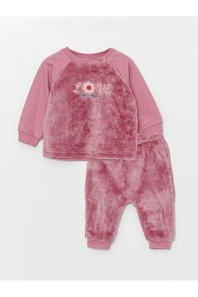 LC Waikiki Lcw Baby - Dusty Rose Plush Baby Girl Cardigan and Trousers Set of 2