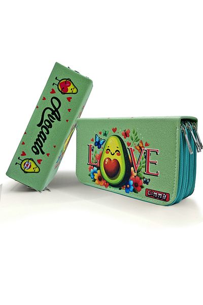 Limmy Avocado Love Kawai Organizer - Vegan Δερμάτινη μολυβοθήκη, Τρία Διαμερίσματα - Πράσινη