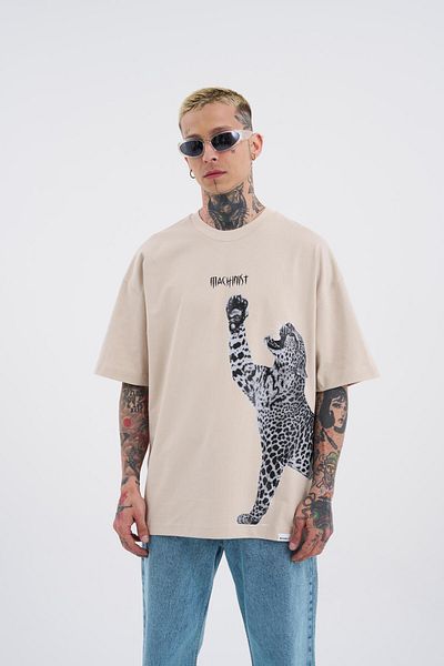 Machinist Ανδρικό μπλουζάκι με στάμπα Leopard Oversize ανοιχτό μπεζ