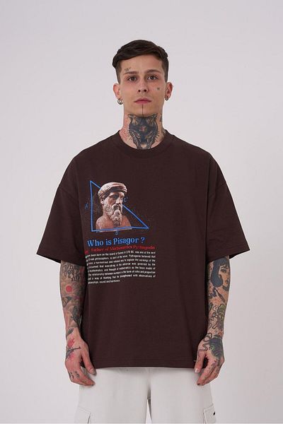 Machinist Ανδρικό μπλουζάκι Premium Pythagoras Printed Oversize καφέ