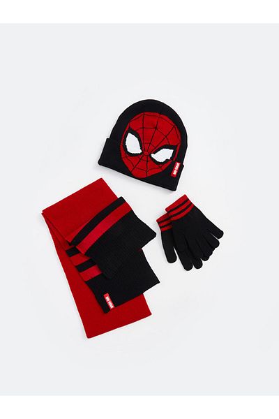 LC Waikiki Spiderman-Set mit bestickter Schal-Mütze und Handschuhen für Jungen
