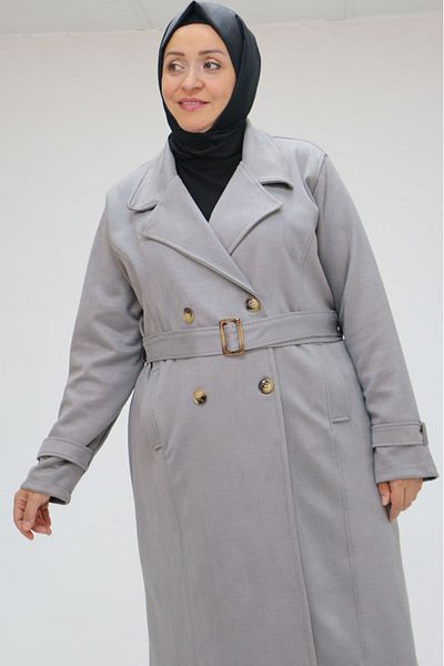 Eslina 43071 Large Size Belted Nubuck Tench Coat - Gray