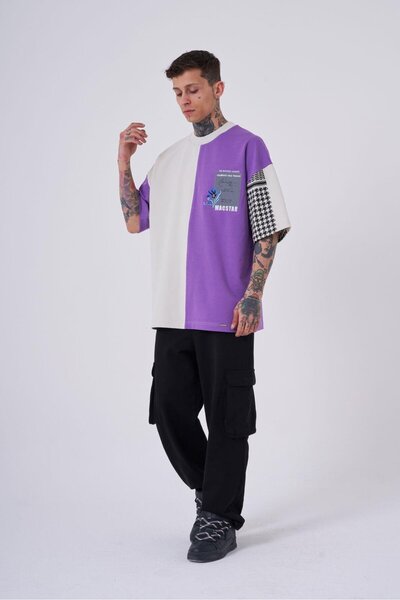 Machinist Ανδρικό κέντημα Levni εμπριμέ Oversize μωβ γκρι μπλουζάκι