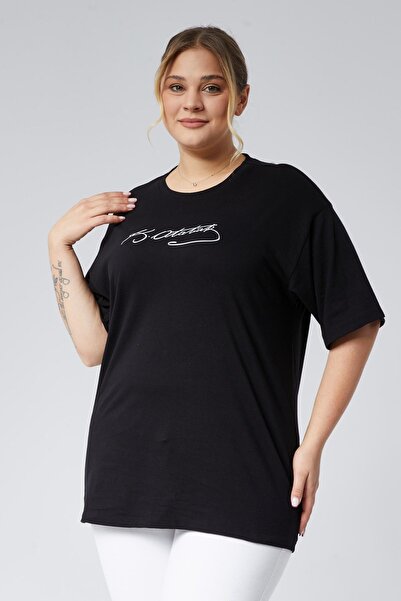 Seamoda Plus Size Ataturk Signature Printed Oversize Basic Comfort Short Sleeve Single Jersey T-Shirt-Black