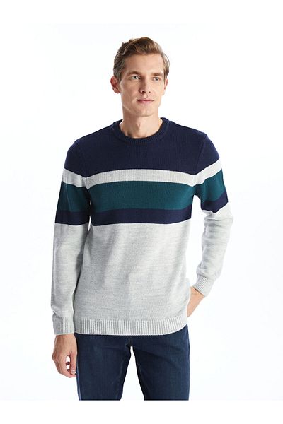LC Waikiki Men's Knitwear Sweater - Crew Neck, Long Sleeve, Color Block