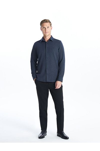 LC Waikiki Southblue Navy Blue Slim Fit Long Sleeve Men's Textured Shirt