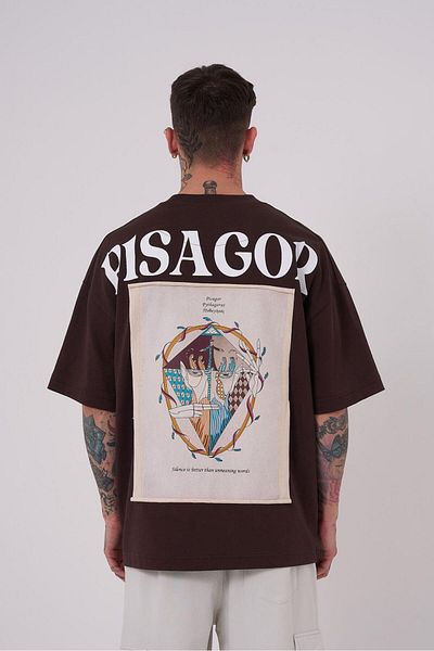 Machinist Ανδρικό μπλουζάκι Premium Pythagoras Printed Oversize καφέ