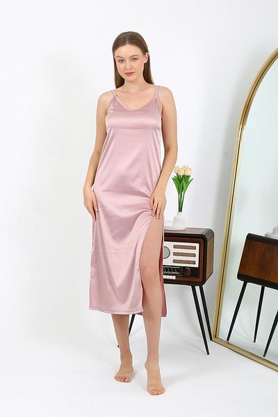 Akbeniz Long Satin Nightgown - Slit, Powder 7410