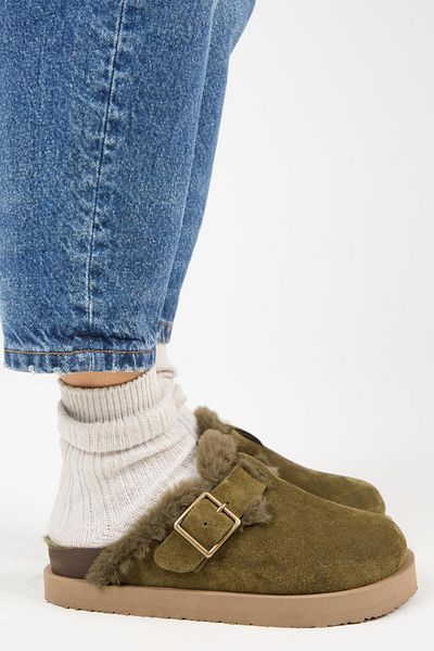 Manijero (Zeta 2 Furry Platform) Papuci de damă din piele naturală cu cataramă Sabo Khaki