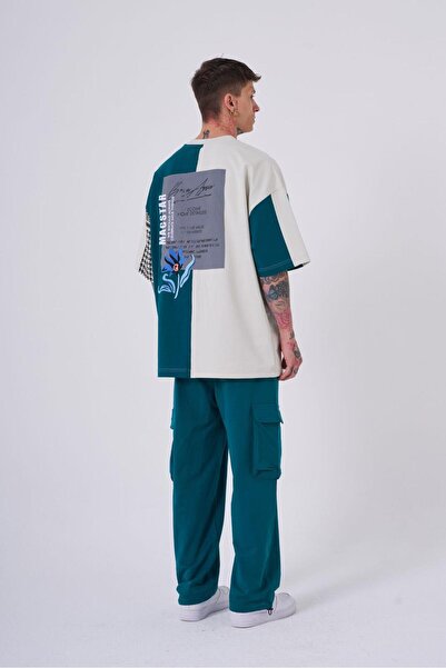 Machinist Men's Nakkaş Levni Printed Oversize Petrol Green Gray T-Shirt