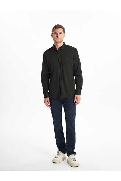 LC Waikiki LCWAIKIKI - Κλασικό ανδρικό πουκάμισο από χακί ποπλίνα, μακρυμάνικο, κανονική εφαρμογή