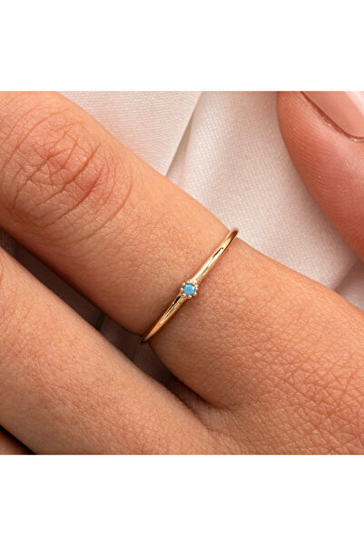 FasekGold 925 Ayar Minimal Tek Taş Gümüş Yüzük-0.05 CT Firuze Tek Taş Gümüş Y...