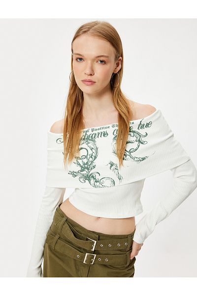 Koton Madonna Collar Off-The-Shoulder T-Shirt Camisole Long Sleeve Printed Cotton Slim Fit