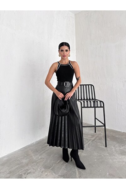 KAŞİHA Women's Belted Pleated Long Leather Skirt