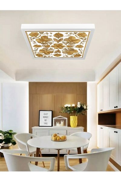 Gökyüzü Panel 60X60 Modern Square Copper Leaves Chandelier - Led Panel, 6400K White Oracle, Home Chandelier