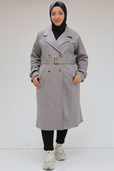Eslina 43071 Large Size Belted Nubuck Tench Coat - Gray
