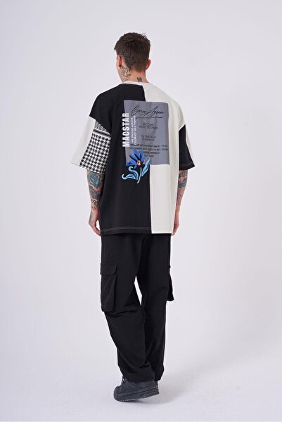 Machinist Ανδρικό κέντημα Levni εμπριμέ Oversize μαύρο γκρι μπλουζάκι