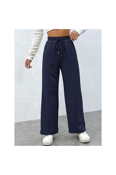 kallima Albastru bleumarin cusut în față cu fleece în interior, iarnă, gros, talie înaltă, picior largi, pantaloni de sport confortabili