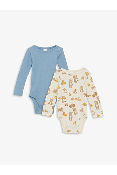 LC Waikiki Ecru Crew Neck Printed Baby Boy Snap Bodysuit 2-Piece