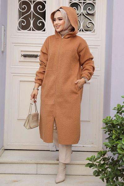 Neva Style Belted Camel Felt Hijab Coat 72151C