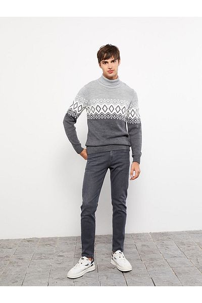 LC Waikiki Lcw Casual Gray Turtleneck Long Sleeve Patterned Men's Knitwear Sweater