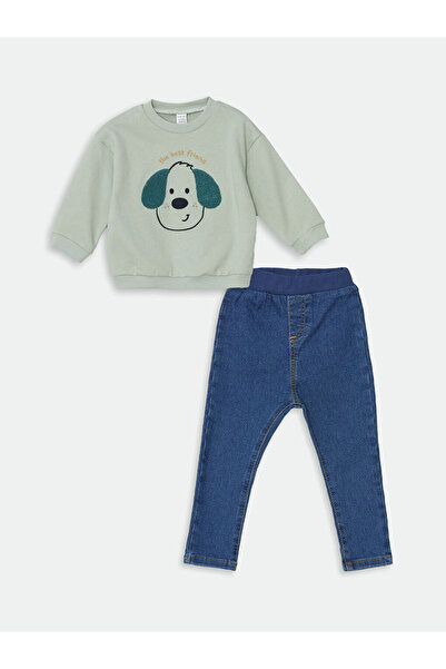 LC Waikiki Green Crew Neck Long Sleeve Printed Baby Boy Sweatshirt and Pants 2-Piece Set