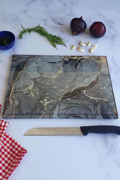 Decorita Channeled Glass Cutting Board - Glass Cutting Table| Gray Gold Marble| 25cm X 35cm| Patented Product