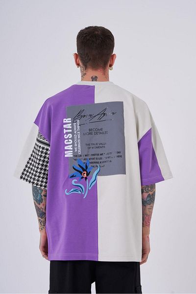 Machinist Ανδρικό κέντημα Levni εμπριμέ Oversize μωβ γκρι μπλουζάκι