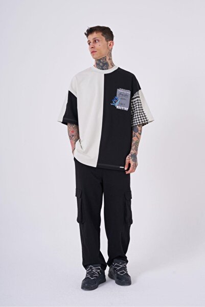 Machinist Ανδρικό κέντημα Levni εμπριμέ Oversize μαύρο γκρι μπλουζάκι