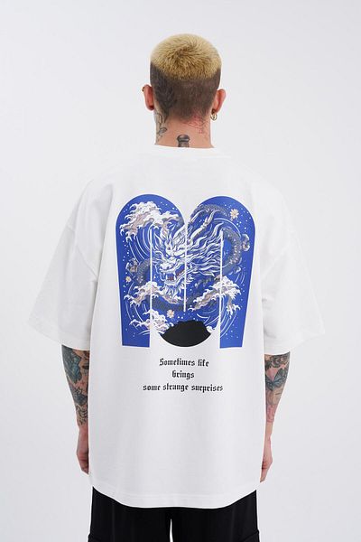Machinist Dragon Machinist Printed Men's Oversize Ecru T-Shirt