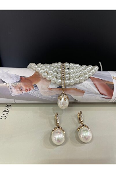 Affan Bijuteri İnci Choker Kolye ve Küpe Takımı. Gerdanlık Katmanlı Damla İnci ve Küpe