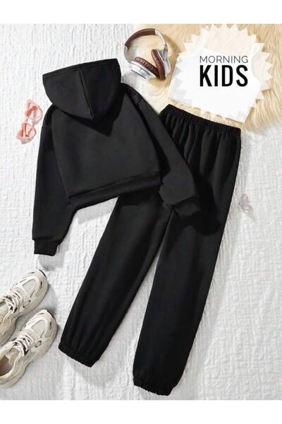 MORNİNG KİDS Black Hoodie and Printed Children's Cardigan-Sweatpants Set