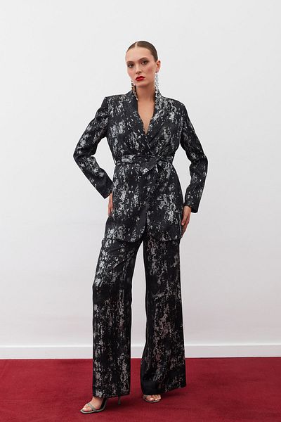 Sateen Pantaloni casual cu model strălucitor - NEGRU-ARGINTIU