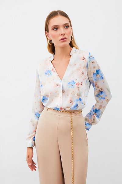 Sateen Patterned Double Breasted Blouse - Blue