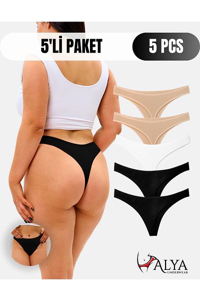 ALYA UNDERWEAR Cotton Women's Thong Panties - Black, White and Nude (5 Pieces)