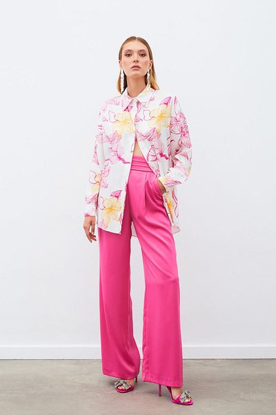 Sateen Colorful Patterned Loose Shirt - Fusya