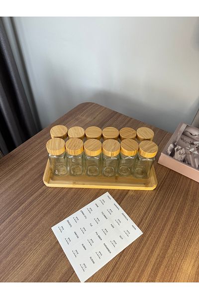 Mesa İstanbul Set of 12 Square Glass Spice Rack with Bamboo Lid ~ 16 Labels